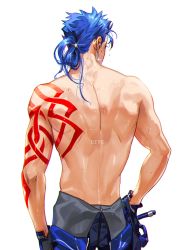 Rule 34 | 1boy, back, back focus, blue hair, cowboy shot, cu chulainn (fate), cu chulainn (fate/stay night), earrings, fate/stay night, fate (series), from behind, g0ringo, jewelry, long hair, male focus, official alternate costume, simple background, solo, tattoo, topless male, wet, white background