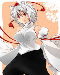 Rule 34 | 1girl, animal ears, bare shoulders, breasts, detached sleeves, hat, highres, inubashiri momiji, large breasts, long sleeves, pom pom (clothes), red eyes, short hair, silver hair, solo, sorato jun, tail, tokin hat, touhou, wolf ears, wolf tail