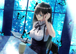 Rule 34 | 1girl, bare arms, bare shoulders, black-framed eyewear, black hair, black ribbon, black skirt, blue eyes, book, breasts, bubble tea, bug, butterfly, chair, commentary request, cup, drinking glass, drinking straw, glasses, hair between eyes, hand up, high-waist skirt, holding, holding book, indoors, insect, large breasts, lens flare, long hair, looking at viewer, nabeshima tetsuhiro, neck ribbon, original, ribbon, round eyewear, shirt, sitting, skirt, sleeveless, sleeveless shirt, smile, solo, table, upper body, white shirt