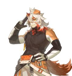 Rule 34 | 1boy, animal ears, arknights, bandaid, bandaid on cheek, bandaid on face, black shirt, clay (clayjun), colored tips, commentary, english commentary, fang, fang out, furry, furry male, hand on own hip, highres, horns, hung (arknights), looking at viewer, male focus, multicolored hair, one eye closed, salute, shirt, single horn, sleeveless, sleeveless shirt, smile, tail, two-finger salute, white background
