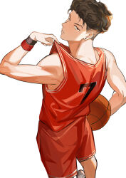 Rule 34 | 1boy, arm up, back, ball, basketball (object), basketball jersey, basketball uniform, brown eyes, brown hair, ear piercing, from above, gwillarmy, highres, holding, holding ball, looking at viewer, looking back, male focus, miyagi ryouta, parted lips, piercing, red shorts, red tank top, short hair, shorts, simple background, slam dunk (series), solo, sportswear, standing, tank top, undercut, white background, wristband