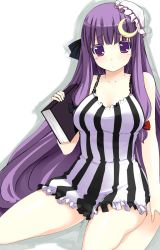 Rule 34 | 1girl, book, breasts, crescent, crescent hair ornament, female focus, hair ornament, hair ribbon, hat, highres, kaneru, large breasts, long hair, patchouli knowledge, purple eyes, purple hair, ribbon, simple background, solo, striped, touhou, very long hair