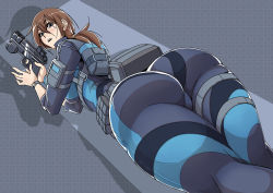 Rule 34 | 1girl, ass, blue eyes, bodysuit, brown hair, capcom, from behind, from below, gun, handgun, hip focus, huge ass, jill valentine, long hair, looking at viewer, looking back, looking down, nisego, parted lips, pistol, ponytail, resident evil, resident evil: revelations, skin tight, solo, thighs, weapon, wide hips