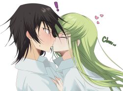 Rule 34 | !, 1boy, 1girl, assertive female, black hair, blush, budgiepon, c.c., close-up, closed eyes, closed mouth, code geass, collared shirt, commentary request, couple, eyelashes, food, food in mouth, from side, green hair, hair between eyes, hand on another&#039;s chest, heart, hetero, highres, kiss, lelouch vi britannia, long hair, nose, nose blush, pocky, pocky in mouth, pocky kiss, profile, purple eyes, shared food, shirt, short hair, sidelocks, simple background, sound effects, spiked hair, straight hair, surprised, sweat, white background, white shirt, wide-eyed