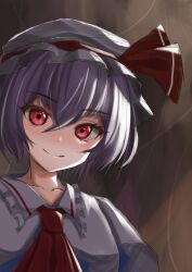 Rule 34 | 1girl, absurdres, ascot, closed mouth, collarbone, commentary request, hat, hat ribbon, highres, looking at viewer, purple hair, red ascot, remilia scarlet, ribbon, short hair, smile, solo, tofuandsoup, touhou, upper body, white hat