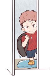Rule 34 | 1boy, aged down, bag, blue shorts, brown bag, brown eyes, child, closed mouth, commentary request, doorway, full body, holding, holding bag, itadori yuuji, jujutsu kaisen, looking at viewer, male focus, pink hair, puddle, red shirt, shirt, shoes, short hair, short sleeves, shorts, simple background, solo, spiked hair, standing, tootigee, wet, wet clothes, white background, yellow footwear