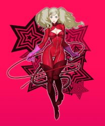 Rule 34 | 1girl, atlus, blonde hair, blue eyes, boots, breasts, catsuit, cleavage, cleavage cutout, clothing cutout, gloves, highres, large breasts, persona, persona 5, solo, takamaki anne, thighs, twintails, whip, zelus, zipper