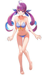 Rule 34 | 1girl, ahoge, arms at sides, bare arms, bare shoulders, barefoot, bikini, blue nails, breasts, cleavage, colored inner hair, earrings, front-tie bikini top, front-tie top, full body, halterneck, highres, hololive, jewelry, long hair, looking at viewer, medium breasts, minato aqua, minato aqua (hololive summer 2019), modare, multicolored hair, nail polish, navel, parted lips, purple eyes, purple hair, simple background, smile, solo, stomach, streaked hair, string bikini, striped bikini, striped clothes, swimsuit, thighs, twintails, two-tone hair, virtual youtuber, white background
