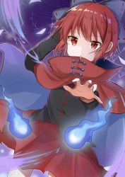 Rule 34 | 1girl, black shirt, blue bow, bow, cloak, closed mouth, commentary request, cowboy shot, doko ka no hosono, dutch angle, hair between eyes, hair bow, hand in own hair, highres, hitodama, long sleeves, looking at viewer, outstretched hand, red cloak, red eyes, red hair, red skirt, sekibanki, shirt, short hair, skirt, solo, touhou