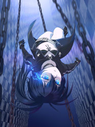 Rule 34 | 1girl, 32zzz, absurdres, bag, bare legs, belt, bikini, bikini top only, black bikini, black coat, black footwear, black gloves, black hair, black rock shooter, black rock shooter: dawn fall, black rock shooter (character), black shorts, blue eyes, breasts, buckle, chain, checkered wall, coat, flaming eye, floating hair, front-tie bikini top, front-tie top, gloves, hair between eyes, highres, long hair, long sleeves, looking at viewer, micro shorts, motion blur, open clothes, open coat, parted lips, ponytail, resolution mismatch, shorts, small breasts, solo, source smaller, swimsuit, underboob, white belt