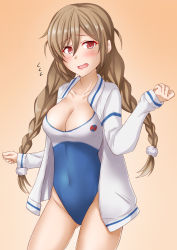 Rule 34 | 1girl, alternate breast size, alternate costume, anti (untea9), blue one-piece swimsuit, blush, braid, breasts, brown background, cleavage, cloud hair ornament, collarbone, covered navel, cowboy shot, gradient background, gradient hair, high school fleet, highres, jacket, kantai collection, large breasts, light brown hair, long hair, long sleeves, looking at viewer, low twin braids, minegumo (kancolle), multicolored hair, one-piece swimsuit, red eyes, school swimsuit, solo, swimsuit, twin braids, white jacket, white one-piece swimsuit