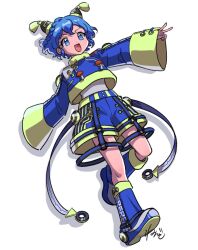 Rule 34 | 1girl, :d, blue eyes, blue footwear, blue hair, blue jacket, blue shorts, blue socks, braid, cropped jacket, curly hair, dorothy west, drop shadow, full body, hair ornament, jacket, long sleeves, loose socks, open mouth, outstretched arms, pretty series, pripara, rituyama1, shoe soles, short hair, shorts, side braid, signature, simple background, sleeves past fingers, sleeves past wrists, smile, socks, solo, standing, v, white background, wide sleeves