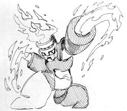 Rule 34 | 1boy, android, arm cannon, commentary, dual arm cannons, fire, fire man, flaming head, full body, greyscale, helmet, highres, looking at viewer, male focus, mega man (classic), mega man (series), mega man 1, monochrome, on one knee, simple background, sketch, smile, solo, takenokonoko, traditional media, weapon, white background