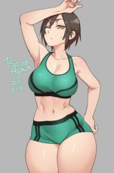 Rule 34 | 1girl, 2021, agawa ryou, breasts, brown hair, cleavage, collarbone, commentary, curvy, dated, english commentary, grey background, large breasts, looking at viewer, midriff, navel, one eye closed, original, short hair, short shorts, shorts, signature, simple background, solo, sweatdrop, tank top, thick thighs, thighs, toned, wide hips