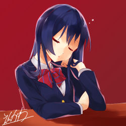 Rule 34 | 1girl, arm support, blazer, blue hair, bow, bowtie, closed eyes, closed mouth, commentary request, engawa (rarenago), hair between eyes, hand on own cheek, hand on own face, head rest, jacket, long hair, long sleeves, love live!, love live! school idol project, otonokizaka school uniform, red background, red bow, red bowtie, school uniform, simple background, sitting, sleeping, solo, sonoda umi, striped bow, striped bowtie, striped clothes, striped neckwear, table, upper body