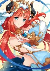 Rule 34 | 1girl, aqua eyes, aqua nails, artist name, bare shoulders, blurry, blurry foreground, blush, circlet, crop top, dakiarts, dancer, detached sleeves, floating hair, forehead jewel, genshin impact, gold trim, highres, horns, jewelry, long hair, long sleeves, looking at viewer, nail polish, neck ring, nilou (genshin impact), parted bangs, parted lips, puffy long sleeves, puffy sleeves, red hair, smile, solo, sparkle, twintails, vambraces, veil