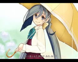 Rule 34 | 10s, 1girl, ashiya hiro, blouse, blue hair, bow, bowtie, commentary request, dress, flower, grey hair, hair between eyes, hair bow, hair ribbon, highres, holding, holding umbrella, hydrangea, kantai collection, kiyoshimo (kancolle), letterboxed, long hair, long sleeves, looking at viewer, low twintails, multicolored hair, purple eyes, rain, revision, ribbon, shirt, sleeveless, sleeveless dress, smile, solo, translation request, twintails, umbrella, upper body, very long hair, white shirt