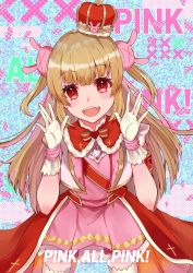 Rule 34 | 1girl, :d, absurdres, apron, blonde hair, cape, cowboy shot, cropped jacket, crown, dress, fang, fur-trimmed cape, fur trim, gloves, haru yu, highres, legs apart, light brown hair, long hair, looking at viewer, looking away, natori sana, open mouth, pink dress, red cape, red eyes, sana channel, short dress, smile, solo, teeth, tilted headwear, two-sided cape, two-sided fabric, two side up, upper teeth only, virtual youtuber, waist apron, white gloves