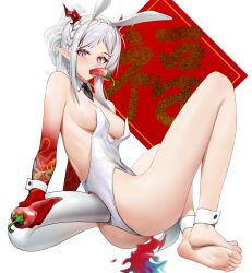Rule 34 | 1girl, absurdres, animal ears, arknights, ass, back, bare shoulders, barefoot, blush, bow, bowtie, braid, breasts, chili pepper, colored skin, detached collar, food, food in mouth, highres, holding, holding food, horns, large breasts, leotard, long hair, looking at viewer, medium breasts, nian (arknights), playboy bunny, pointy ears, purple eyes, rabbit ears, red skin, solo, tail, vamjulian, white hair, wrist cuffs