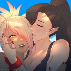 Rule 34 | 2girls, artist name, artist self-insert, warrior of light (ff14), black hair, blue sky, blush, breasts, cleavage, commentary, dark-skinned female, dark skin, day, earrings, elezen, elf, english commentary, closed eyes, facial mark, fictional persona, final fantasy, final fantasy xiv, hair over one eye, hilda ware, hybrid, hyur, jewelry, kiss, koyorin, looking at another, medium breasts, miqo&#039;te, multiple girls, open mouth, outdoors, pointy ears, ponytail, ring, short hair, short ponytail, sky, slit pupils, tank top, wet, whisker markings, yellow eyes, yuri
