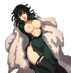 Rule 34 | 1girl, arms behind back, bdsm, belt, black hair, black thighhighs, bondage, bound, bound arms, breasts, breasts out, cleavage, coat, covered navel, dress, female focus, fubuki (one-punch man), fur coat, green dress, green eyes, jewelry, large breasts, looking at viewer, necklace, nipples, one-punch man, open mouth, ring, ring necklace, shanabi, short hair, side slit, simple background, solo, teeth, thighhighs, torn clothes, torn dress, white background