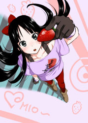 Rule 34 | 1girl, akiyama mio, black eyes, black hair, boots, bow, breasts, casual, food, from above, fruit, gloves, hair bow, highres, holding, holding food, holding fruit, k-on!, large breasts, listen!!, long hair, md5 mismatch, pantyhose, red pantyhose, solo, strawberry, zaxwu