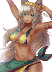 Rule 34 | 10s, 1girl, :d, absurdres, animal ears, arm ribbon, arm up, armpits, bikini, breasts, cat ears, cleavage, clenched hand, collarbone, cowboy shot, dark-skinned female, dark skin, erune, eyebrows, feather hair ornament, feathers, flower, granblue fantasy, green eyes, grey hair, groin, hair between eyes, hair flower, hair ornament, halterneck, hand up, has bad revision, has downscaled revision, head wreath, highres, huge breasts, long hair, looking at viewer, md5 mismatch, mizuya nao, multi-strapped bikini bottom, navel, nemone, open mouth, resolution mismatch, ribbon, sarong, shiny skin, sideboob, simple background, smile, solo, source smaller, standing, stomach, string bikini, swimsuit, underboob, very long hair, white background