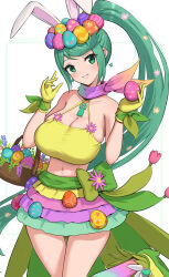 Rule 34 | 1girl, absurdres, animal ears, basket, bow, bra, breasts, cleavage, collarbone, crossed legs, earrings, easter, easter egg, egg, egg hair ornament, fake animal ears, flower, food-themed hair ornament, gloves, gonzarez, gradient scarf, green bow, green eyes, green footwear, green hair, green scarf, green skirt, grin, hair flower, hair ornament, head tilt, highres, holding, holding basket, holding egg, jewelry, large breasts, long hair, looking at viewer, multicolored clothes, multicolored scarf, multicolored skirt, navel, pink flower, pink skirt, pneuma (xenoblade), ponytail, purple scarf, purple skirt, rabbit ears, scarf, shoes, simple background, skirt, smile, solo, underwear, very long hair, white background, xenoblade chronicles (series), xenoblade chronicles 2, yellow bra, yellow gloves, yellow skirt