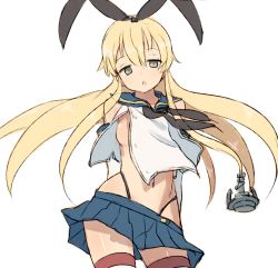 Rule 34 | 1girl, alchera, anchor hair ornament, black hairband, black neckerchief, black panties, blonde hair, blue sailor collar, blue skirt, breasts, commentary request, cowboy shot, crop top, elbow gloves, gloves, grey eyes, hair ornament, hairband, highleg, highleg panties, kantai collection, long hair, looking at viewer, microskirt, miniskirt, neckerchief, no bra, panties, pleated skirt, sailor collar, shimakaze (kancolle), simple background, skirt, small breasts, solo, striped clothes, striped thighhighs, thighhighs, underwear, white background, white gloves