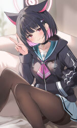 Rule 34 | 1girl, absurdres, animal ears, black hair, blue archive, highres, kazusa (blue archive), long sleeves, looking at viewer, medium hair, multicolored hair, pantyhose, pink eyes, smile, solo, sora01o, two-tone hair