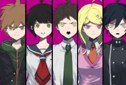 Rule 34 | 2girls, 3boys, ahoge, akamatsu kaede, black hair, black jacket, blonde hair, brother and sister, brown hair, buttons, collarbone, collared shirt, column lineup, commentary request, danganronpa: trigger happy havoc, danganronpa (series), danganronpa 2: goodbye despair, danganronpa another episode: ultra despair girls, danganronpa v3: killing harmony, double-breasted, eighth note, fortissimo, frown, green eyes, green jacket, green neckwear, grey shirt, hair between eyes, hair ornament, highres, hinata hajime, jacket, long hair, looking at viewer, lower teeth only, multiple boys, multiple girls, musical note, musical note hair ornament, naegi komaru, naegi makoto, necktie, open clothes, open jacket, open mouth, pink background, pink eyes, red neckwear, saihara shuichi, sailor collar, school uniform, shirt, short hair, siblings, simple background, spoilers, suzumetarou, sweat, teeth, trait connection, upper body, white shirt
