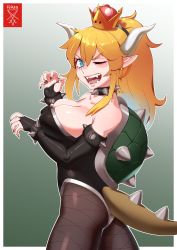Rule 34 | 1girl, absurdres, aqua eyes, bare shoulders, black leotard, black nails, blonde hair, blush, border, bowsette, bracelet, breast lift, breasts, bridal gauntlets, cleavage, collar, covered erect nipples, earrings, fangs, fingernails, fishnet pantyhose, fishnets, gradient background, green background, hair between eyes, highleg, highleg leotard, highres, horns, jewelry, large breasts, leotard, long hair, looking at viewer, mario (series), nail polish, new super mario bros. u deluxe, nintendo, one eye closed, open mouth, outside border, pantyhose, pointy ears, ponytail, radrick0, sharp fingernails, shiny clothes, shiny skin, short hair, short hair with long locks, sidelocks, signature, solo, spiked bracelet, spiked collar, spiked shell, spiked tail, spikes, strapless, strapless leotard, super crown, tail, white border, wide ponytail