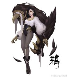 Rule 34 | 1girl, bandages, bandaged arm, bandages, black feathers, black footwear, black hair, black leotard, boots, brown eyes, claws, crack, earrings, feathers, floating, gloves, guiguz, jewelry, leotard, medium hair, mole, mole under eye, monster, original, pantyhose, puffy sleeves, purple lips, shirt, signature, simple background, spikes, tight clothes, twitter username, white background, white shirt, wings