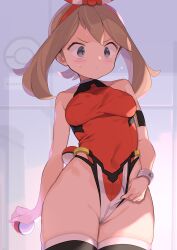 Rule 34 | 1girl, adapted costume, bare shoulders, black thighhighs, blush, bracelet, breasts, brown hair, creatures (company), game freak, grey eyes, hairband, highleg, highleg leotard, highres, holding, holding poke ball, jewelry, leotard, may (pokemon), medium breasts, nintendo, poke ball, poke ball (basic), pokemon, pokemon oras, red hairband, red leotard, short hair, sleeveless, solo, spring2013, thighhighs, thighs