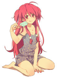 Rule 34 | 10s, 1girl, :q, angel beats!, bad id, bad pixiv id, bare shoulders, barefoot, casual, food, full body, jewelry, long hair, nail polish, pajamas, pink hair, popsicle, red eyes, ring, short twintails, shorts, simple background, sitting, solo, star (symbol), star print, strap slip, tongue, tongue out, twintails, two side up, wariza, yaruse, yui (angel beats!)