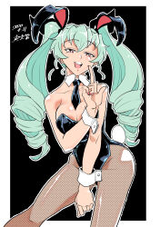 Rule 34 | 1girl, anchovy (girls und panzer), animal ears, bare shoulders, black background, black leotard, black necktie, breasts, cleavage, curvy, detached collar, drill hair, fake animal ears, fishnet pantyhose, fishnets, girls und panzer, green hair, highres, index finger raised, large breasts, leotard, long hair, looking at viewer, nail polish, necktie, open mouth, pantyhose, playboy bunny, rabbit ears, red eyes, red nails, shinkuukan (tetsuo3), shiny clothes, shiny skin, simple background, solo, strapless, strapless leotard, twin drills, twintails, v, wide hips, wrist cuffs