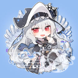 Rule 34 | 1girl, arknights, black dress, black footwear, black hat, black pantyhose, blue background, blush, boots, chibi, dress, full body, grey hair, hair between eyes, hand to own mouth, hat, hat ornament, looking at viewer, official alternate costume, open mouth, pantyhose, red eyes, renren, sample watermark, shoulder strap, simple background, solo, specter (arknights), specter the unchained (arknights), watermark