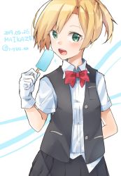 Rule 34 | 1girl, black skirt, black vest, blonde hair, bow, bowtie, character name, cowboy shot, dated, gloves, green eyes, kantai collection, looking at viewer, maikaze (kancolle), open mouth, parted bangs, pleated skirt, ponytail, red bow, red bowtie, school uniform, scrunchie, shirt, short hair, short ponytail, skirt, solo, teeth, twitter username, u yuz xx, upper teeth only, vest, white gloves, white shirt