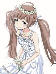 Rule 34 | 1girl, bare shoulders, blush, breasts, brown eyes, brown hair, closed mouth, collarbone, cowboy shot, dot nose, dress, eyelashes, flower, hair ribbon, hakozaki serika, head wreath, highres, holding, holding flower, idolmaster, idolmaster million live!, idolmaster million live! theater days, jewelry, light smile, long hair, looking at viewer, matcha kingyo, necklace, parted bangs, pure onepiece (idolmaster), ribbon, sleeveless, sleeveless dress, small breasts, solo, sundress, twintails, very long hair, white dress, white flower, white ribbon