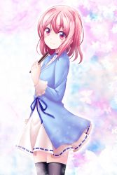 Rule 34 | 1girl, black thighhighs, blue ribbon, blue skirt, closed mouth, cowboy shot, folded fan, folding fan, hair between eyes, hand fan, highres, holding, holding fan, jewelry, long hair, long sleeves, looking at viewer, miniskirt, necklace, pink hair, red eyes, reimei (r758120518), ribbon, ribbon-trimmed skirt, ribbon trim, saigyouji yuyuko, see-through silhouette, skirt, smile, solo, standing, thighhighs, touhou, white skirt, zettai ryouiki