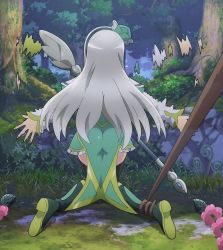 Rule 34 | 1girl, anime screenshot, ass, black thighhighs, dress, from behind, futoku no guild, green dress, highres, hip vent, holding, holding staff, long hair, long sleeves, maidena angers, screencap, silver hair, skin tight, staff, stitched, thighhighs, thighs, third-party edit