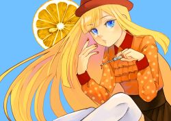 Rule 34 | 1girl, :o, applying manicure, ascot, blonde hair, blue eyes, brown skirt, commentary request, dress, fate (series), hat, holding, knee up, long hair, looking at viewer, lord el-melloi ii case files, nail polish, orange shirt, painting nails, pleated skirt, polka dot, polka dot dress, red hat, red nails, reines el-melloi archisorte, satou usuzuku, shirt, shirt tucked in, sitting, skirt, solo, thighhighs, unmoving pattern, white thighhighs