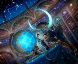 Rule 34 | 1girl, :o, asymmetrical horns, beads, blue nails, book, bookshelf, bright pupils, chair, cloak, commentary request, constellation, crescent, dutch angle, elbow rest, expressionless, fantasy, fingernails, funuyu, globe, head in hand, head rest, highres, hood, hooded cloak, horns, indoors, leo (constellation), library, light brown hair, long hair, looking to the side, nail polish, orange hair, original, painting (object), sitting, solo, star (symbol), sun symbol, table, tablecloth, twitter username, uneven eyes, uneven horns, very long hair, white pupils