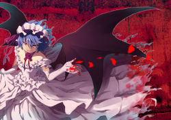 Rule 34 | 1girl, adapted costume, alternate costume, alternate headwear, bare shoulders, bat wings, blood, choker, dress, elbow gloves, evil grin, evil smile, flower, gloves, grin, hairband, katoryu gotoku, light purple hair, lolita hairband, long dress, looking at viewer, petals, pink dress, pink gloves, red background, red eyes, remilia scarlet, ribbon, ribbon choker, rose, short hair, smile, solo, torn clothes, torn dress, touhou, wings