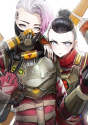 Rule 34 | animification, apex legends, black hair, bodysuit, gloves, gradient hair, grey eyes, grey hair, head tattoo, highres, looking at viewer, mask, middle finger, mouth mask, multicolored hair, nekometaru, official alternate costume, open mouth, pink hair, ponytail, quantum collison wraith, red bodysuit, red gloves, slingshot valkyrie, tattoo, undercut, v, v-shaped eyebrows, valkyrie (apex legends), wraith (apex legends)