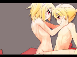 Rule 34 | 1boy, 1girl, blonde hair, blush, brother and sister, eye contact, grey background, hair ornament, hairclip, hetero, incest, kagamine len, kagamine rin, letterboxed, looking at another, nude, pon (shind 997), ponytail, red eyes, siblings, simple background, smirk, straddling, twincest, twins, vocaloid