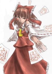 Rule 34 | 1girl, :d, bow, brown hair, detached sleeves, dual wielding, female focus, flat chest, frills, hair bow, hair ornament, hair tubes, hakurei reimu, highres, holding, imperishable night, japanese clothes, kenji, long hair, miko, necktie, ofuda, open mouth, orange eyes, ponytail, ribbon, sarashi, simple background, skirt, smile, solo, standing, touhou, wide sleeves