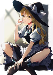 Rule 34 | 1girl, absurdres, black skirt, black vest, blonde hair, bloomers, boots, bow, braid, hat, hat bow, highres, indian style, kaede (mmkeyy), kirisame marisa, long hair, neck ribbon, petticoat, puffy short sleeves, puffy sleeves, ribbon, short sleeves, side braid, single braid, sitting, skirt, solo, touhou, underwear, vest, white bow, witch hat, yellow eyes