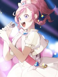 Rule 34 | 1girl, :d, blurry, blush, bokeh, bow, commentary request, depth of field, dress, hair bow, hands up, heart, highres, holding, holding microphone, idol, kiratto pri chan, light particles, long hair, looking ahead, microphone, momoyama mirai, music, niku (onikujunjuwa), open mouth, pink hair, pink sash, ponytail, pretty series, puffy short sleeves, puffy sleeves, purple eyes, sash, short sleeves, sidelocks, singing, smile, solo, stage lights, sweatdrop, white bow, white dress