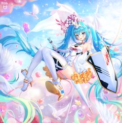 Rule 34 | 1girl, absurdly long hair, bad id, bad pixiv id, bird, blue eyes, blue hair, elbow gloves, floating hair, full body, gloves, goodsmile company, goodsmile racing, hatsune miku, high heels, highres, long hair, looking at viewer, necktie, shield, solo, thighhighs, ttaji (pass35), twintails, very long hair, vocaloid